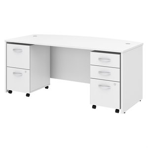 Pemberly Row 72W Bow Front Desk with File Cabinets in White - Engineered Wood