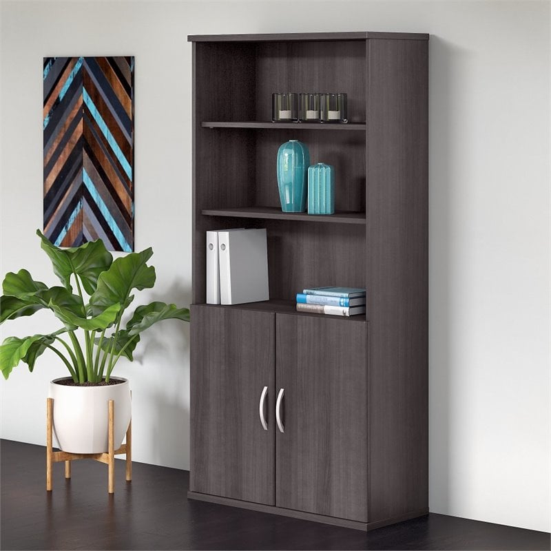 Pemberly Row 5 Shelf Bookcase with Doors in Storm Gray - Engineered Wood