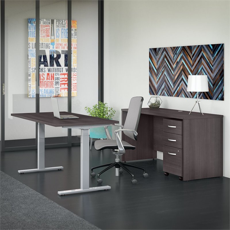 Pemberly Row Engineered Wood 60W Power Standing Desk 3 Pc. Office Suite in Gray