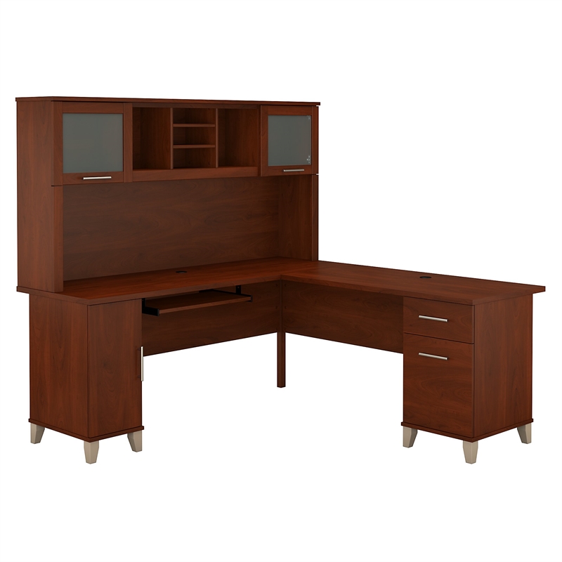 Pemberly Row Modern 72W L Shaped Desk with Hutch in Hansen Cherry