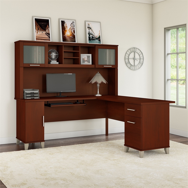 Pemberly Row Modern 72W L Shaped Desk with Hutch in Hansen Cherry