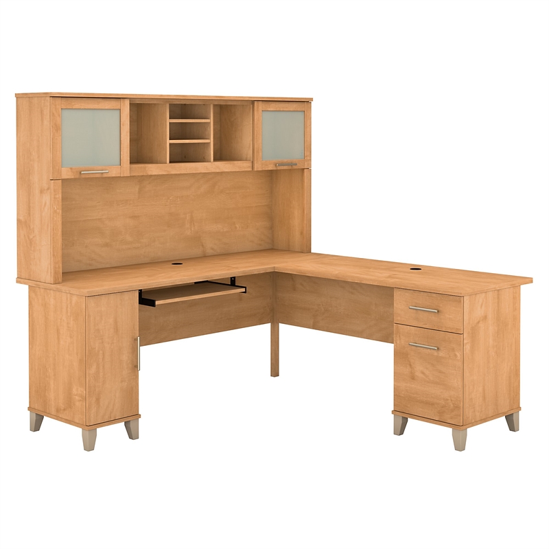 Pemberly Row 72W L Shaped Wood Desk with Hutch in Maple Cross