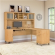 Pemberly Row 72W L Shaped Wood Desk with Hutch in Maple Cross