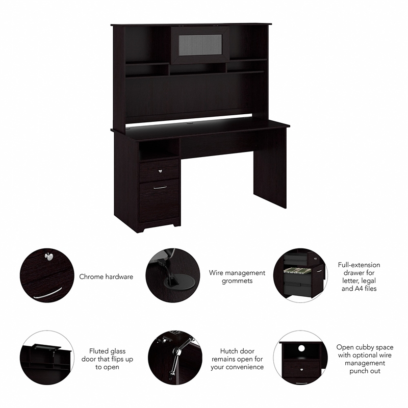 Pemberly Row 60W Computer Desk with Hutch in Espresso Oak - Engineered Wood