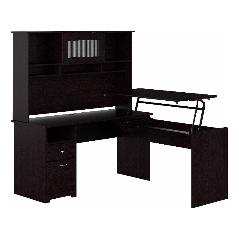 Pemberly Row 60W Wood 3 Position Sit to Stand L Desk & Hutch in Espresso Oak