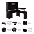 Pemberly Row 60W Wood 3 Position Sit to Stand L Desk & Hutch in Espresso Oak