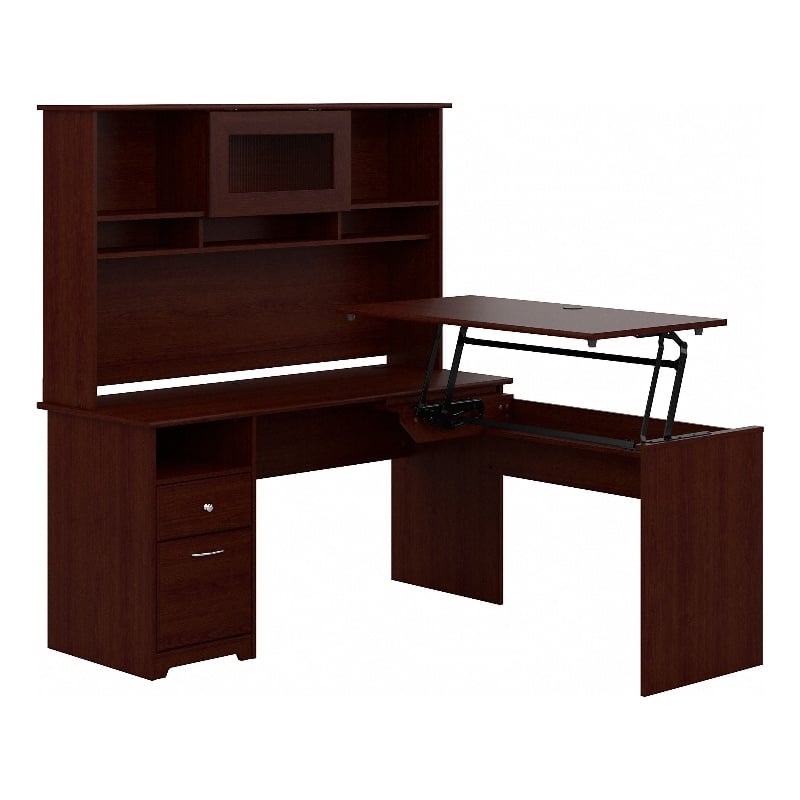 Pemberly Row 60W 3 Position L Shaped Sit to Stand Desk with Hutch in Cherry