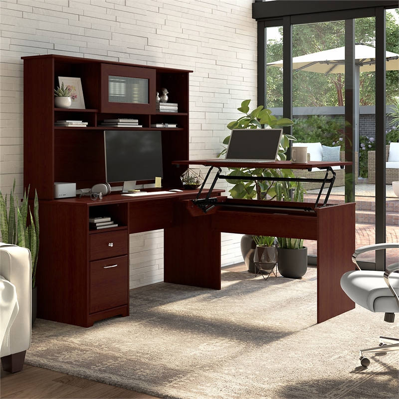 Pemberly Row 60W 3 Position L Shaped Sit to Stand Desk with Hutch in Cherry