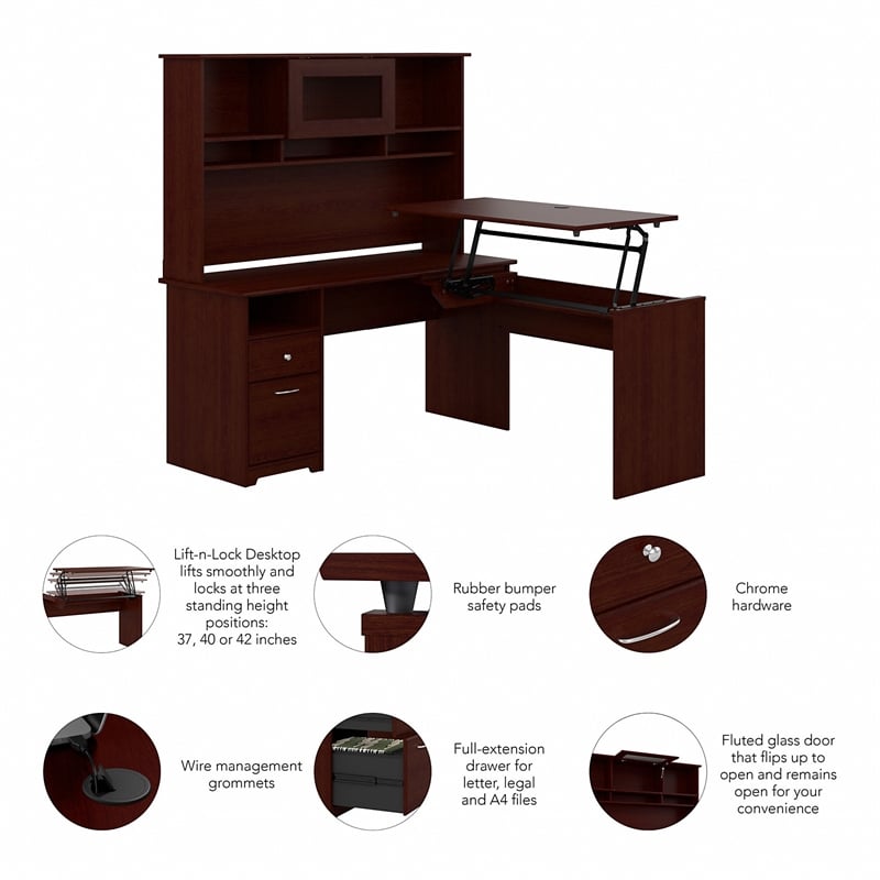 Pemberly Row 60W 3 Position L Shaped Sit to Stand Desk with Hutch in Cherry