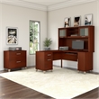 Pemberly Row Modern 60W L Desk with Hutch & File Cabinet in Cherry