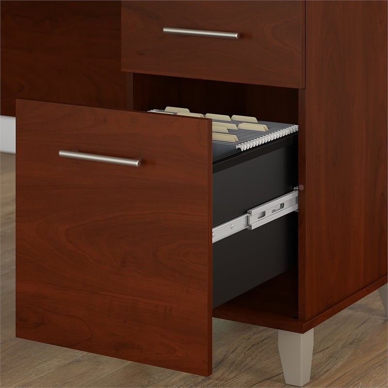 Pemberly Row Modern 60W L Desk with Hutch & File Cabinet in Cherry