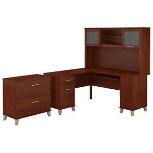Pemberly Row Modern 60W L Desk with Hutch & File Cabinet in Cherry