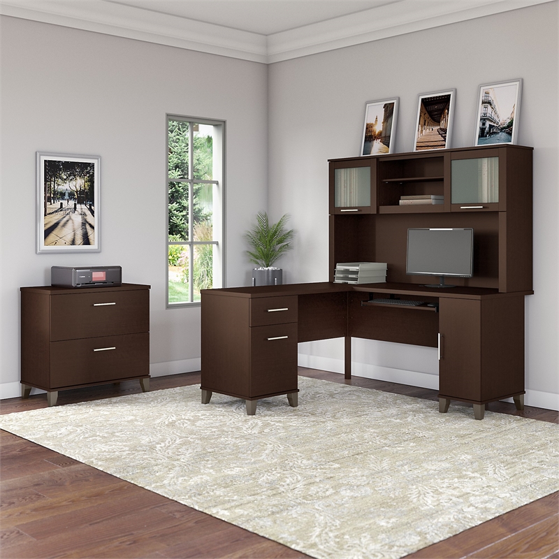 Pemberly Row 60W L Shaped Desk with Hutch and File Cabinet in Mocha Cherry