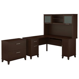 Pemberly Row 60W L Shaped Desk with Hutch and File Cabinet in Mocha Cherry