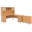 Pemberly Row 72W L Desk with Hutch & File Cabinet in Maple Cross