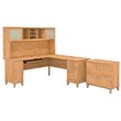 Pemberly Row 72W L Desk with Hutch & File Cabinet in Maple Cross