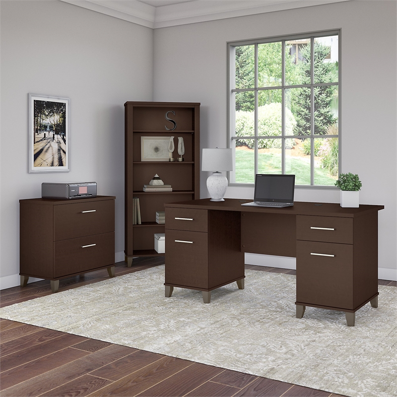 Pemberly Row 60W Office Desk with File Cabinet & Bookcase in Cherry