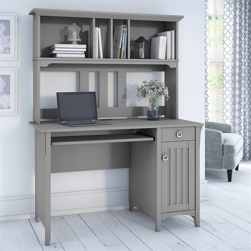 Pemberly Row Small Computer Desk with Hutch in Cape Cod Gray - Engineered Wood