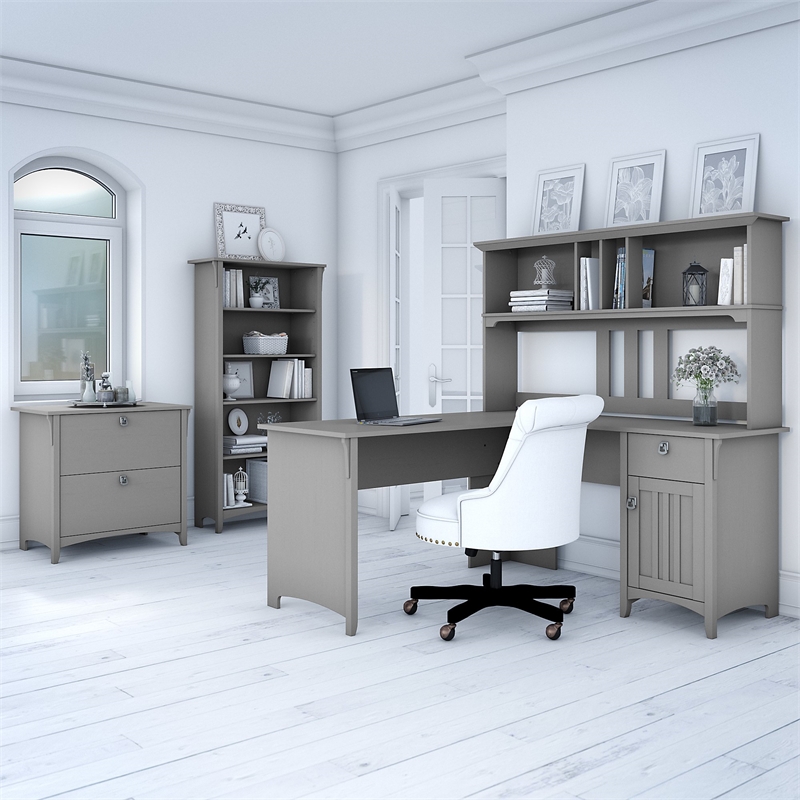 Pemberly Row 60W L Shaped Desk Office Suite in Cape Cod Gray