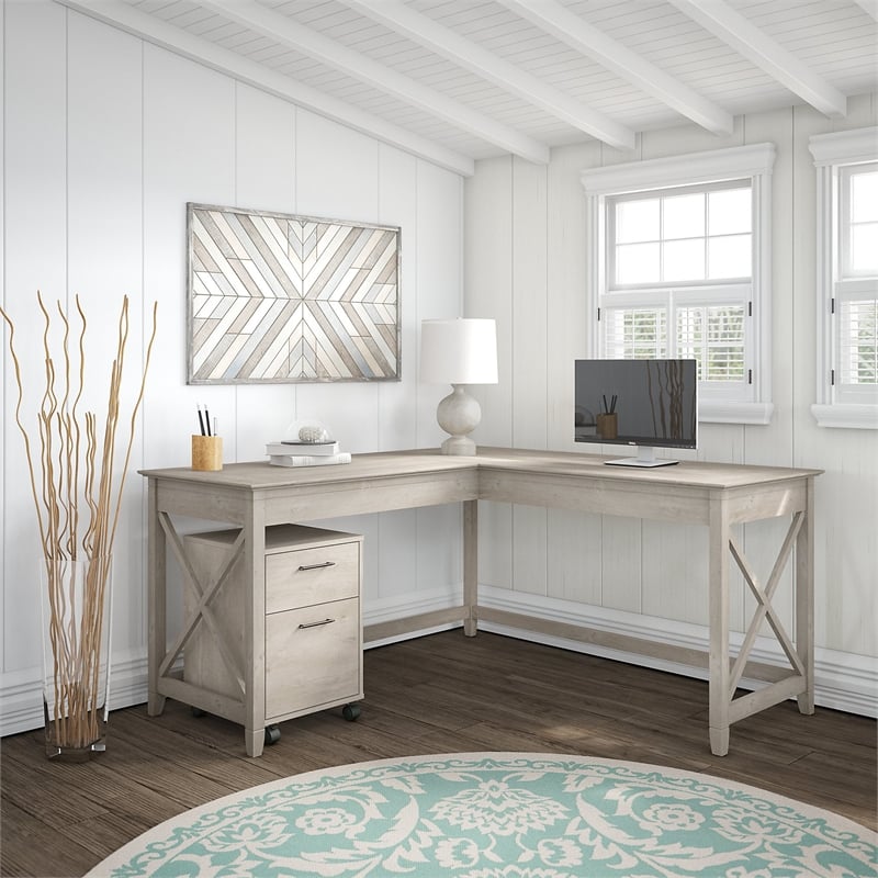 Pemberly Row Modern 60W L Shaped Desk with Drawers in Washed Gray
