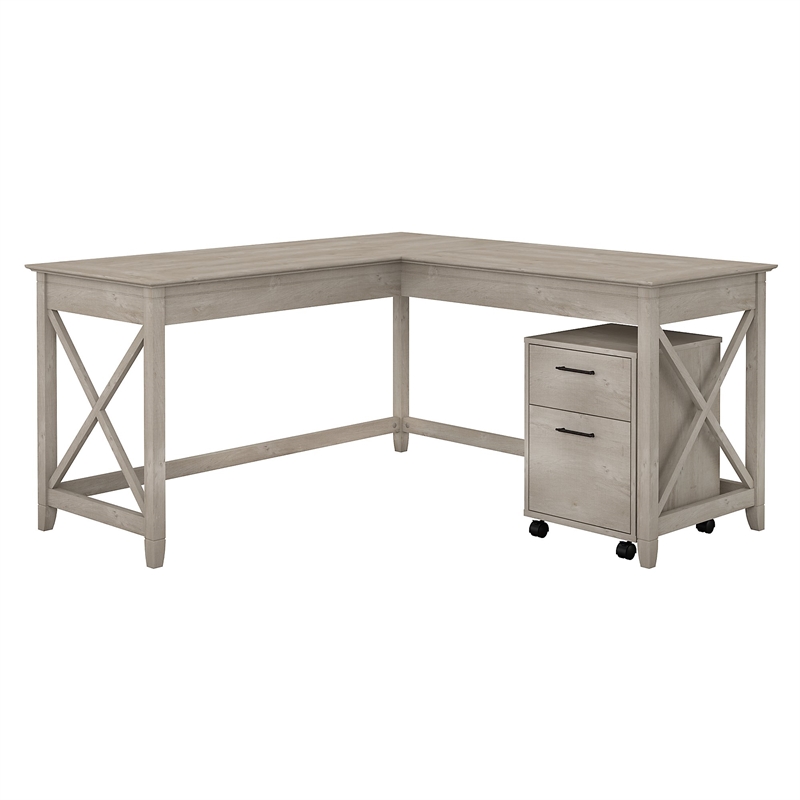 Pemberly Row Modern 60W L Shaped Desk with Drawers in Washed Gray