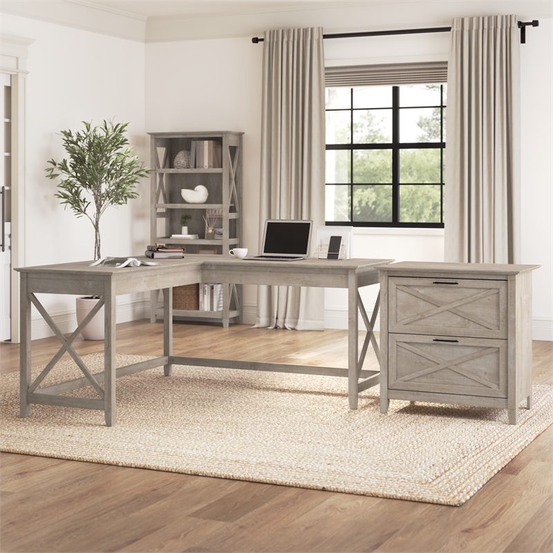 Pemberly Row 60W L Shaped Desk with File Cabinet in Washed Gray