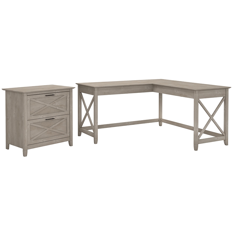 Pemberly Row 60W L Shaped Desk with File Cabinet in Washed Gray