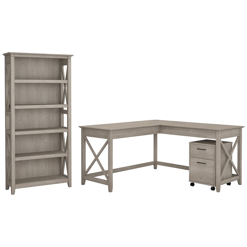 Pemberly Row 60W L Desk with Cabinet & Bookcase in Washed Gray
