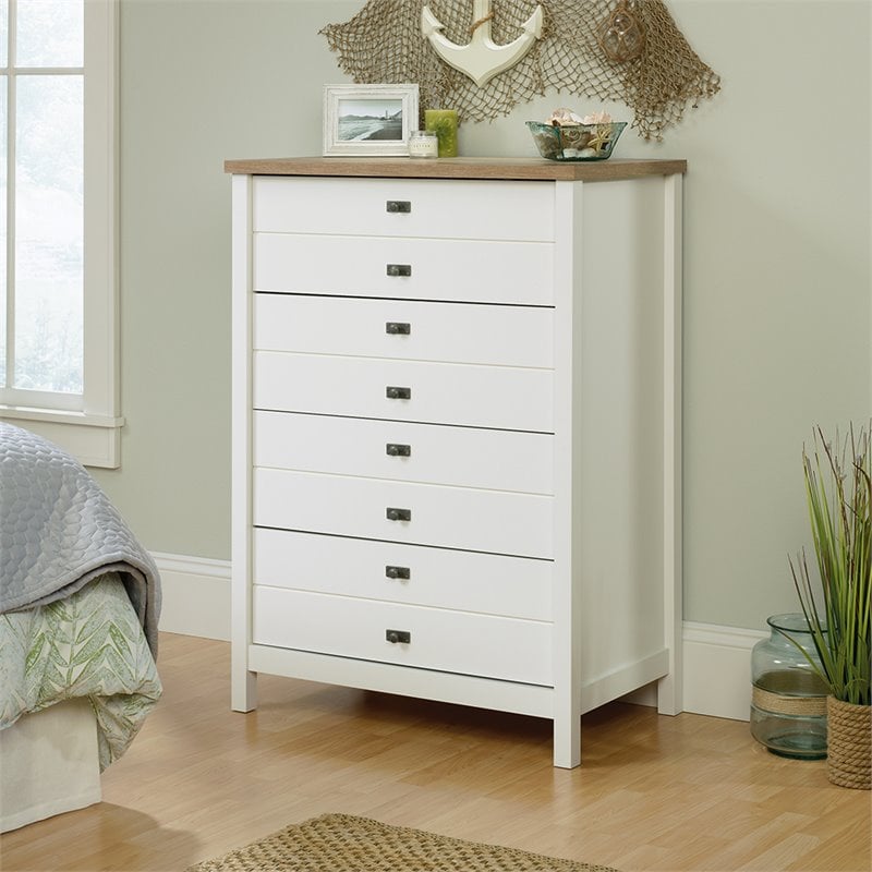 Pemberly Row Engineered Wood 4 Drawer Chest in Soft White and Lintel Oak