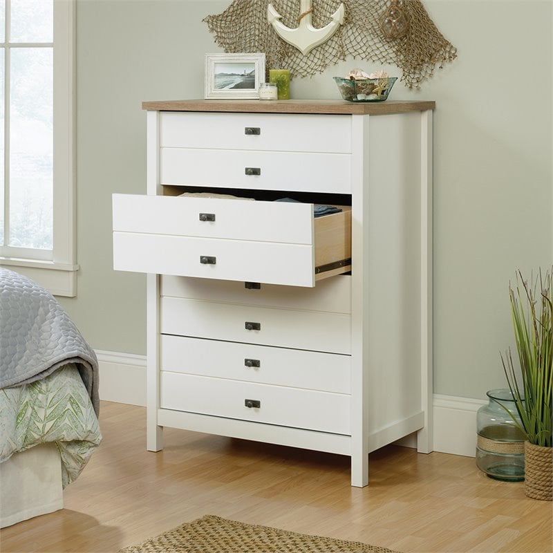 Pemberly Row Engineered Wood 4 Drawer Chest in Soft White and Lintel Oak