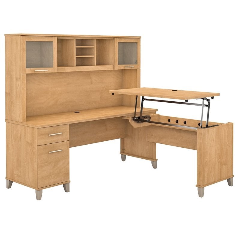 Pemberly Row 72W Sit to Stand L Desk with Hutch in Maple Cross - Engineered Wood