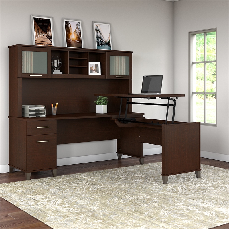 Pemberly Row Engineered Wood 72W Sit to Stand L Desk with Hutch in Mocha Cherry