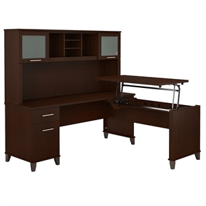 Pemberly Row Engineered Wood 72W Sit to Stand L Desk with Hutch in Mocha Cherry