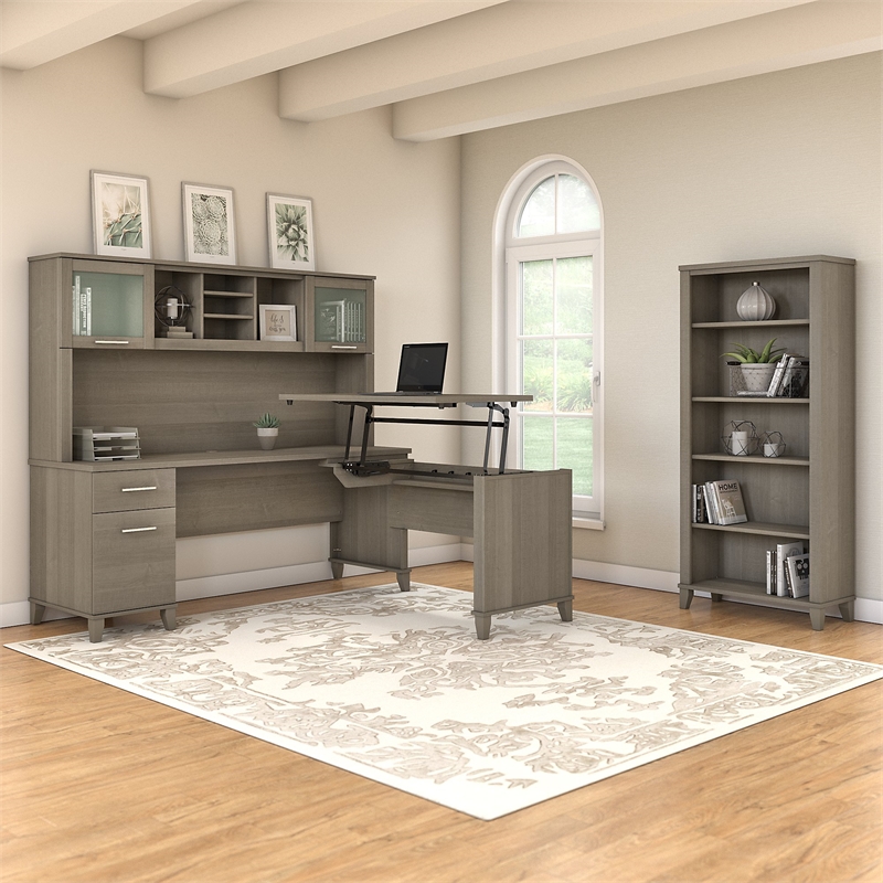 Pemberly Row 72W Sit to Stand L Shaped Desk with Hutch & Bookcase