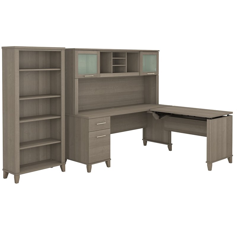 Pemberly Row 72W Sit to Stand L Shaped Desk with Hutch & Bookcase