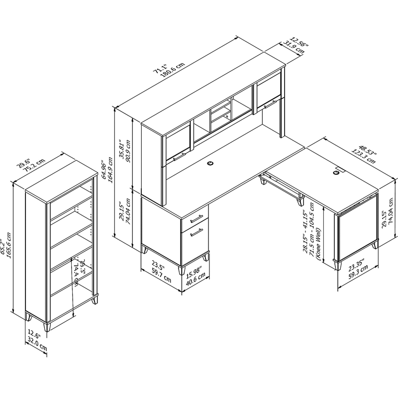 Pemberly Row Sit to Stand L Desk with Hutch and Bookcase in Cherry
