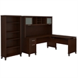 Pemberly Row Sit to Stand L Desk with Hutch and Bookcase in Cherry
