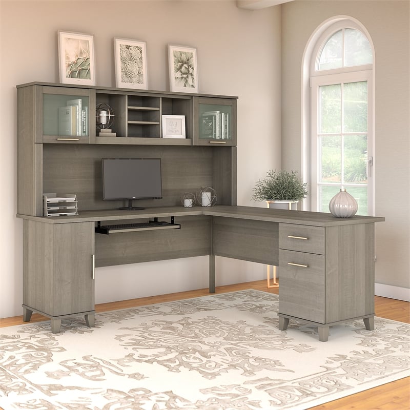 Pemberly Row Contemporary 72W Wood L Desk with Hutch in Gray