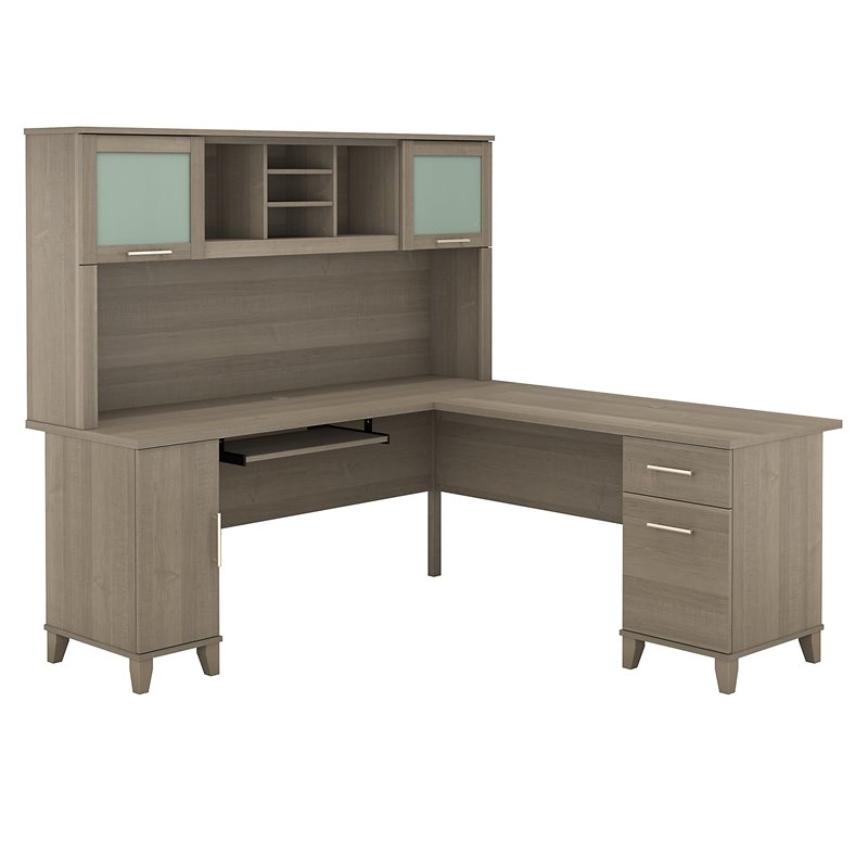 Pemberly Row Contemporary 72W Wood L Desk with Hutch in Gray