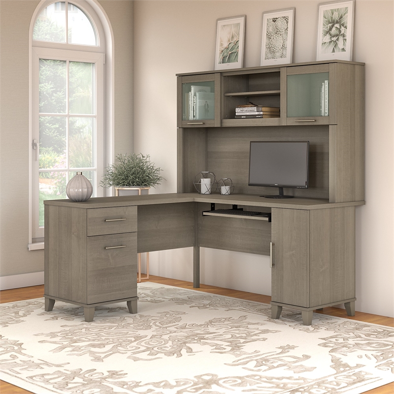 Pemberly Row 60W L Desk with Hutch in Ash Gray - Engineered Wood