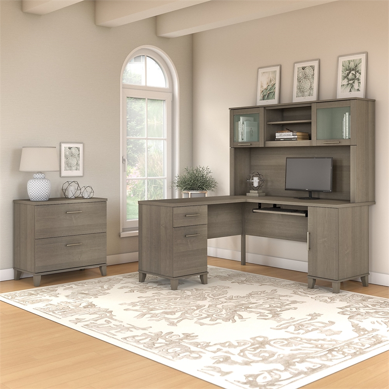 Pemberly Row Engineered Wood 60W L Shaped Desk Hutch and Lateral File - Ash Gray