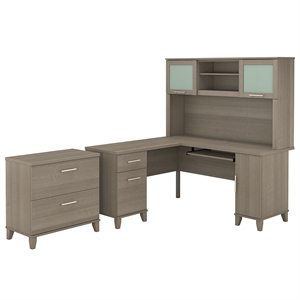Pemberly Row Engineered Wood 60W L Shaped Desk Hutch and Lateral File - Ash Gray