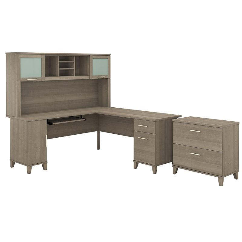 Pemberly Row Contemporary 72W L Desk with Hutch & File Cabinet