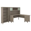Pemberly Row 72W Wood L Desk with Hutch & 5 Shelf Bookcase Gray