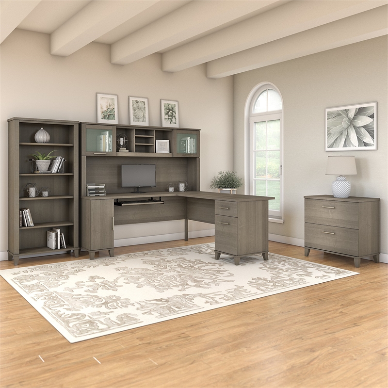 Pemberly Row 72W L Desk with Hutch & Storage in Ash Gray - Engineered Wood