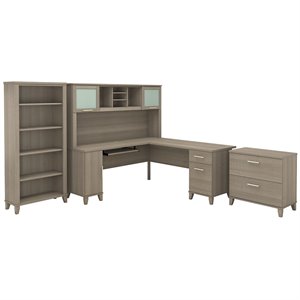 Pemberly Row 72W L Desk with Hutch & Storage in Ash Gray - Engineered Wood