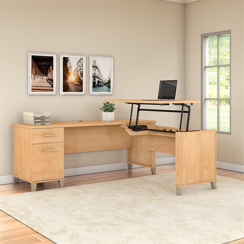 Pemberly Row 72W 3 Position Sit to Stand L Desk in Maple Cross