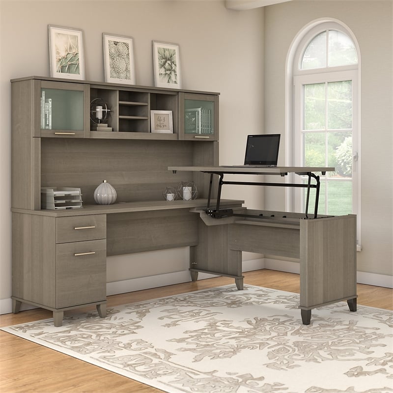 Pemberly Row 72W 3 Position Sit to Stand L Shaped Desk with Hutch
