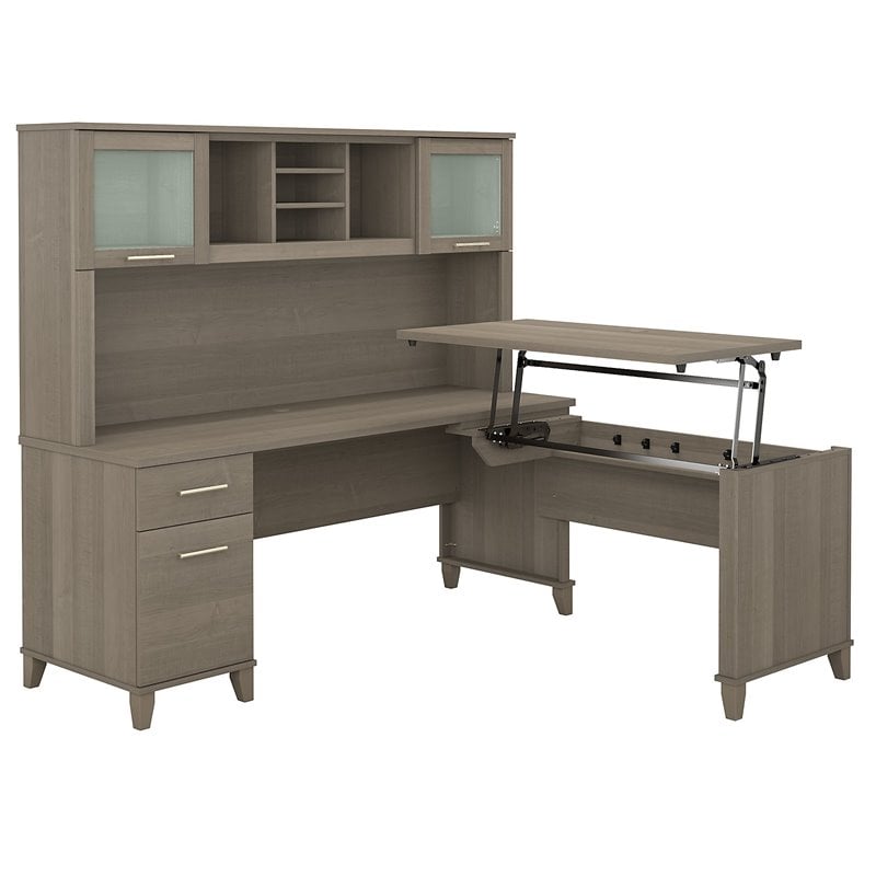 Pemberly Row 72W 3 Position Sit to Stand L Shaped Desk with Hutch