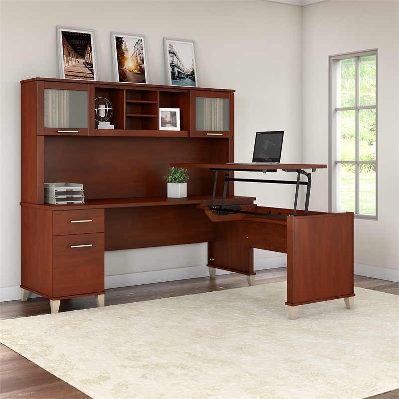 Pemberly Row 72W Sit to Stand L Desk with Hutch in Hansen Cherry